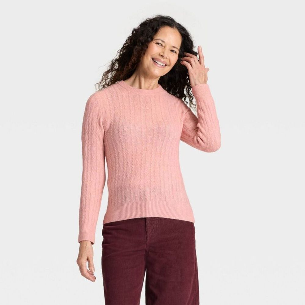 Women's Lace Stitch Crewneck Pullover Sweater - Universal Thread Pink S